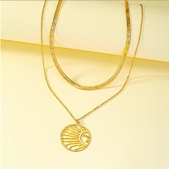 Gold Plated Sun Necklace, Herringbone, Hollow Out, Boho, Multilayer - Picture 4 of 6